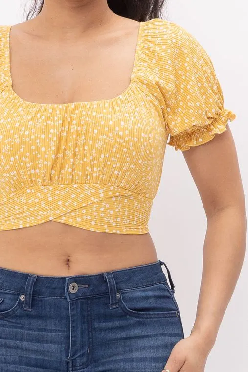 Wholesale Floral Print Back Tie Crop Top - Yellow