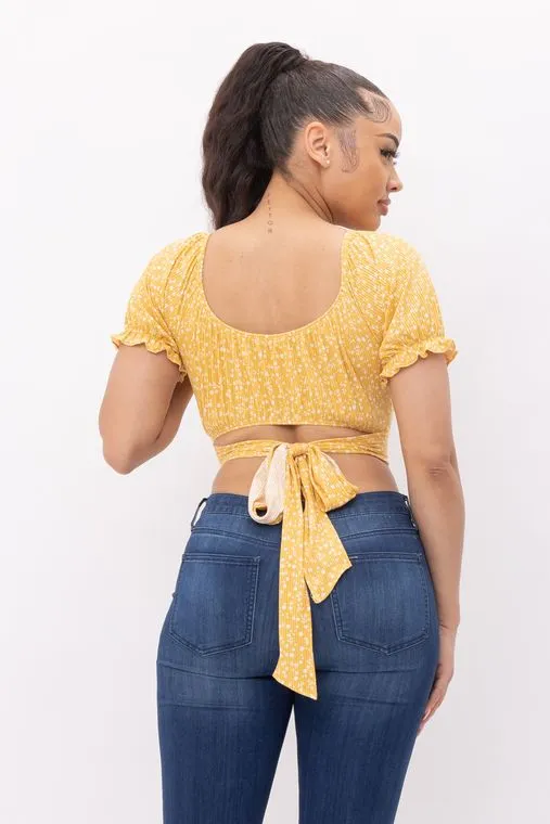 Wholesale Floral Print Back Tie Crop Top - Yellow