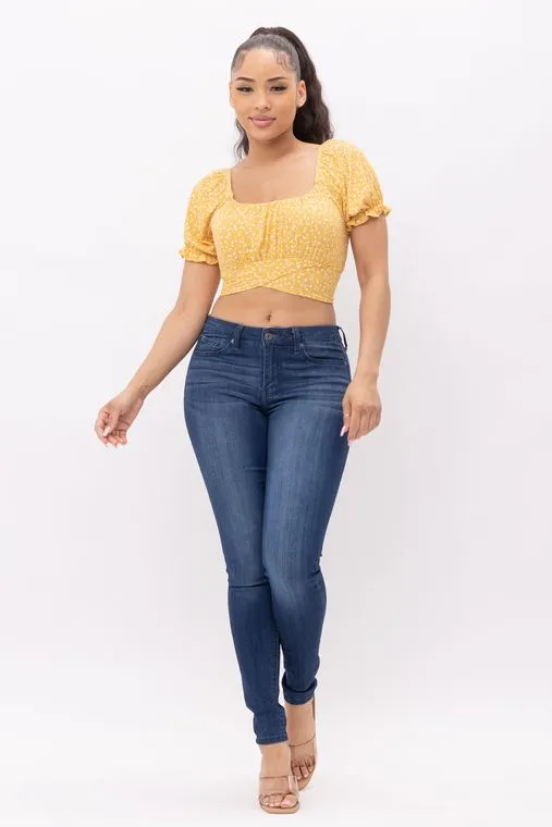 Wholesale Floral Print Back Tie Crop Top - Yellow