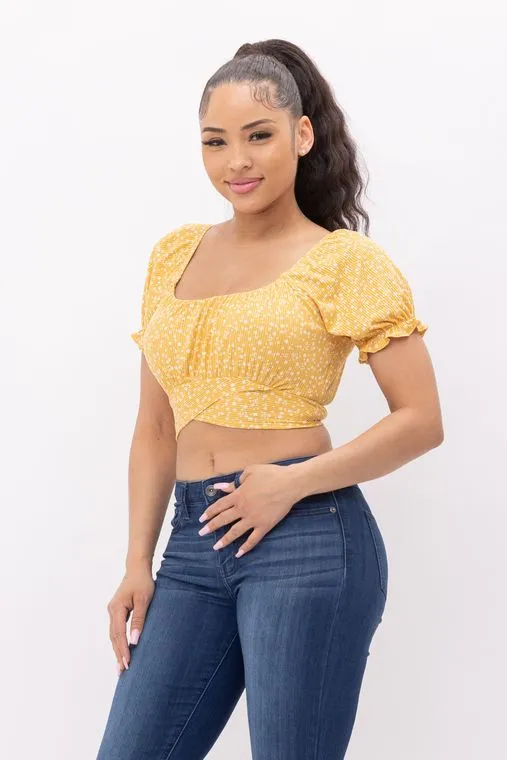 Wholesale Floral Print Back Tie Crop Top - Yellow