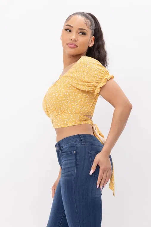 Wholesale Floral Print Back Tie Crop Top - Yellow