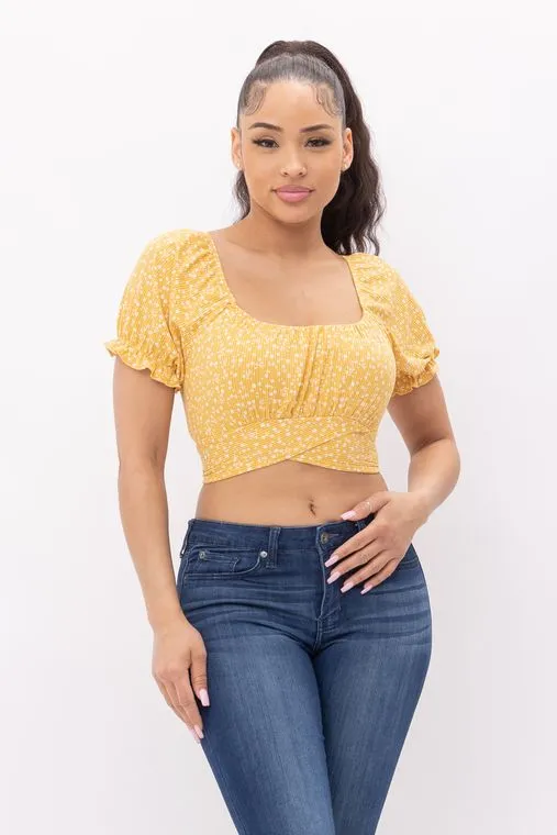 Wholesale Floral Print Back Tie Crop Top - Yellow