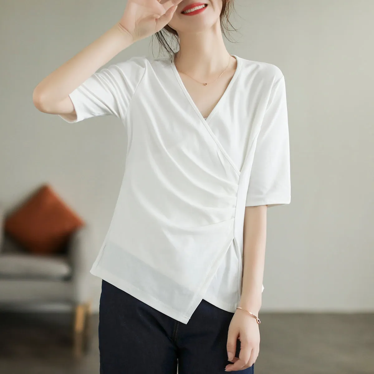 Women Summer Retro Irregular V-Neck Cotton T-Shirt